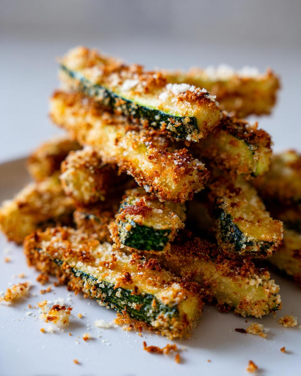 A close-up shot of a stack of crispy baked zucchini fries, coated in breadcrumbs and seasoning.