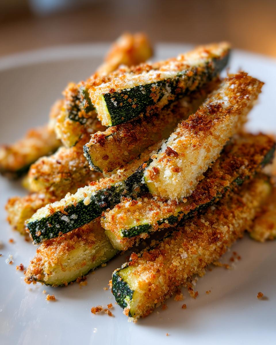 A close-up shot of a stack of crispy baked zucchini fries coated in breadcrumbs and parmesan cheese.