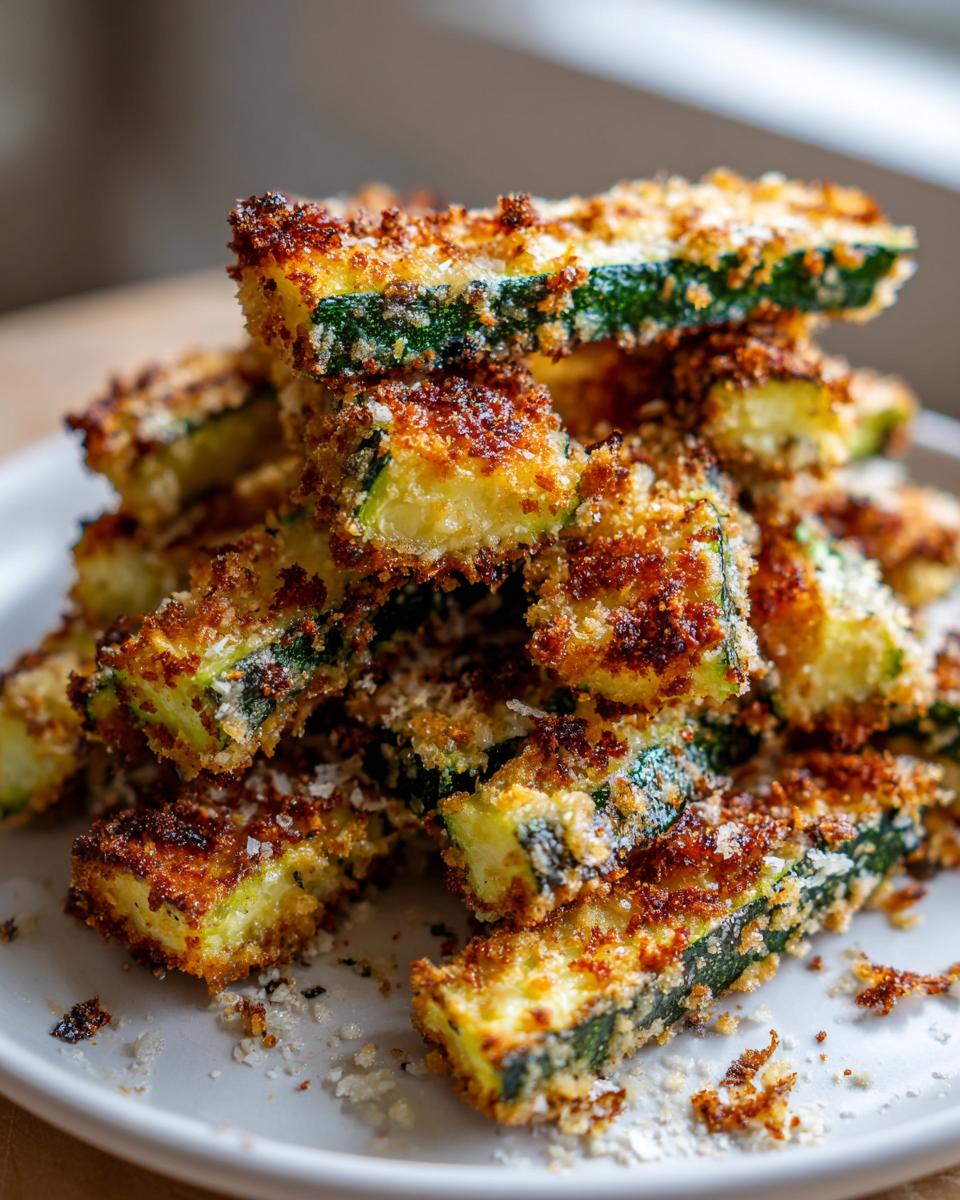 A close-up stack of crispy baked zucchini fries, coated in breadcrumbs and seasoned to perfection.