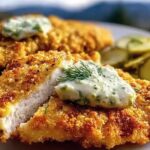 Close-up of a crispy dill pickle parmesan chicken cutlet topped with dill sauce and fresh dill.