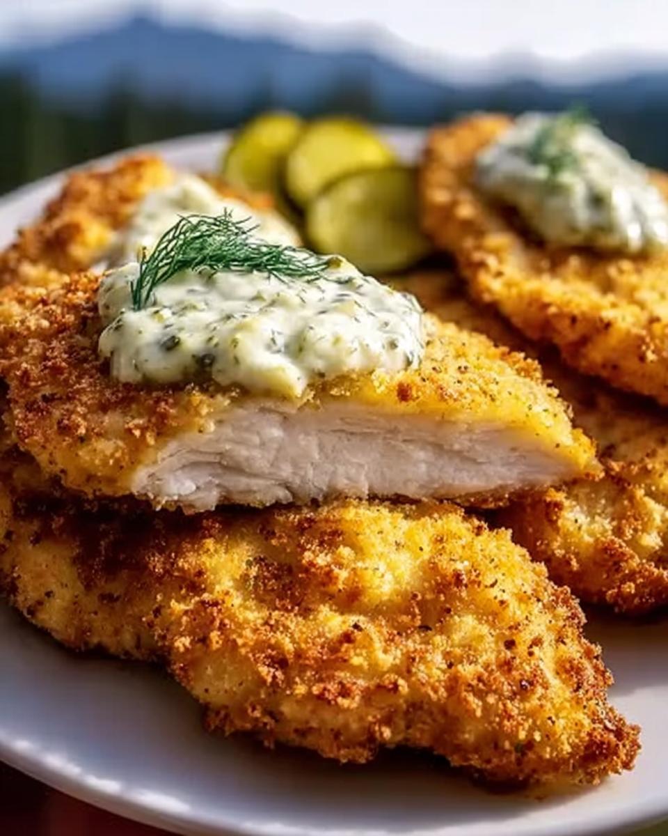 30 Minute Crispy Dill Pickle Parmesan Chicken 4 Close-up of golden-brown Crispy Dill Pickle Parmesan Chicken cutlets topped with creamy dill sauce and a sprig of dill.