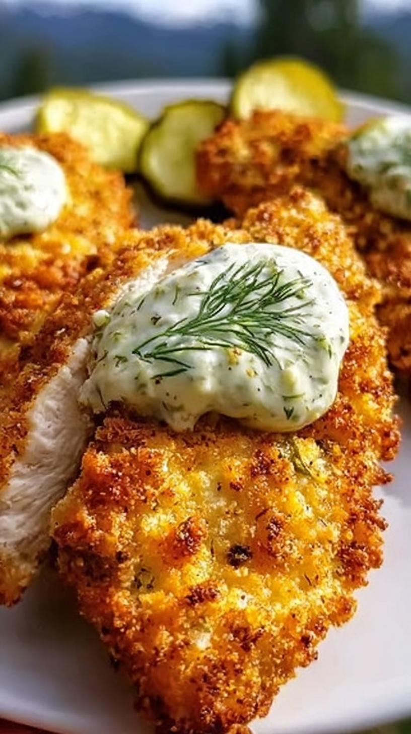 30 Minute Crispy Dill Pickle Parmesan Chicken 5 Close-up of Crispy Dill Pickle Parmesan Chicken topped with creamy dill sauce and served with pickle slices.