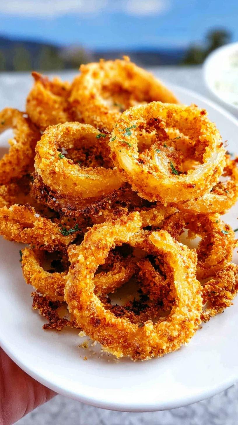 A pile of golden brown, crispy keto onion rings, seasoned with herbs, ready to be served.