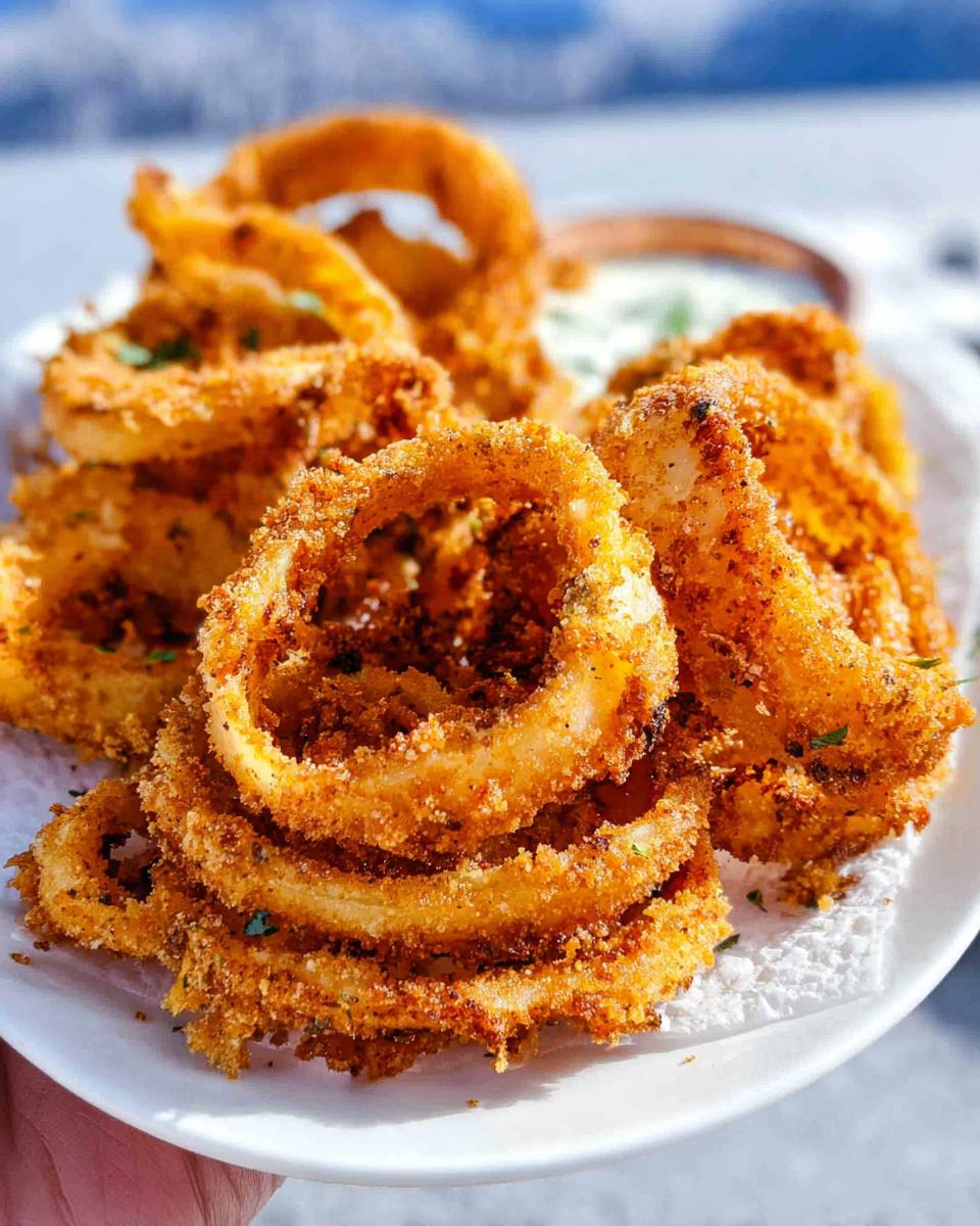 A close-up of a pile of golden brown, crispy keto onion rings, seasoned and coated, served on a white plate with a side of dipping sauce.