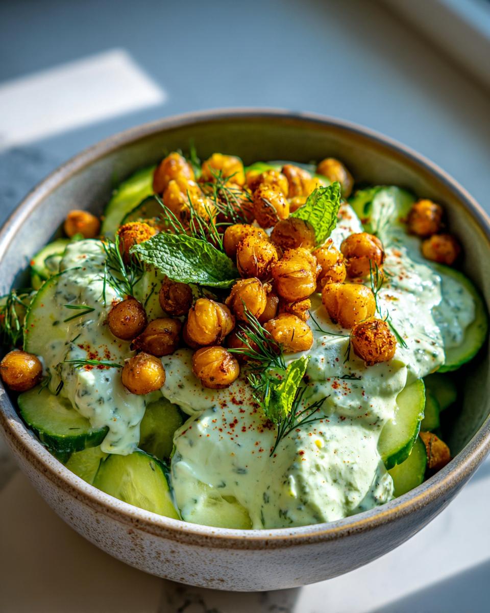 A bowl of refreshing cucumber salad topped with creamy dressing and crispy chickpeas, garnished with fresh herbs.