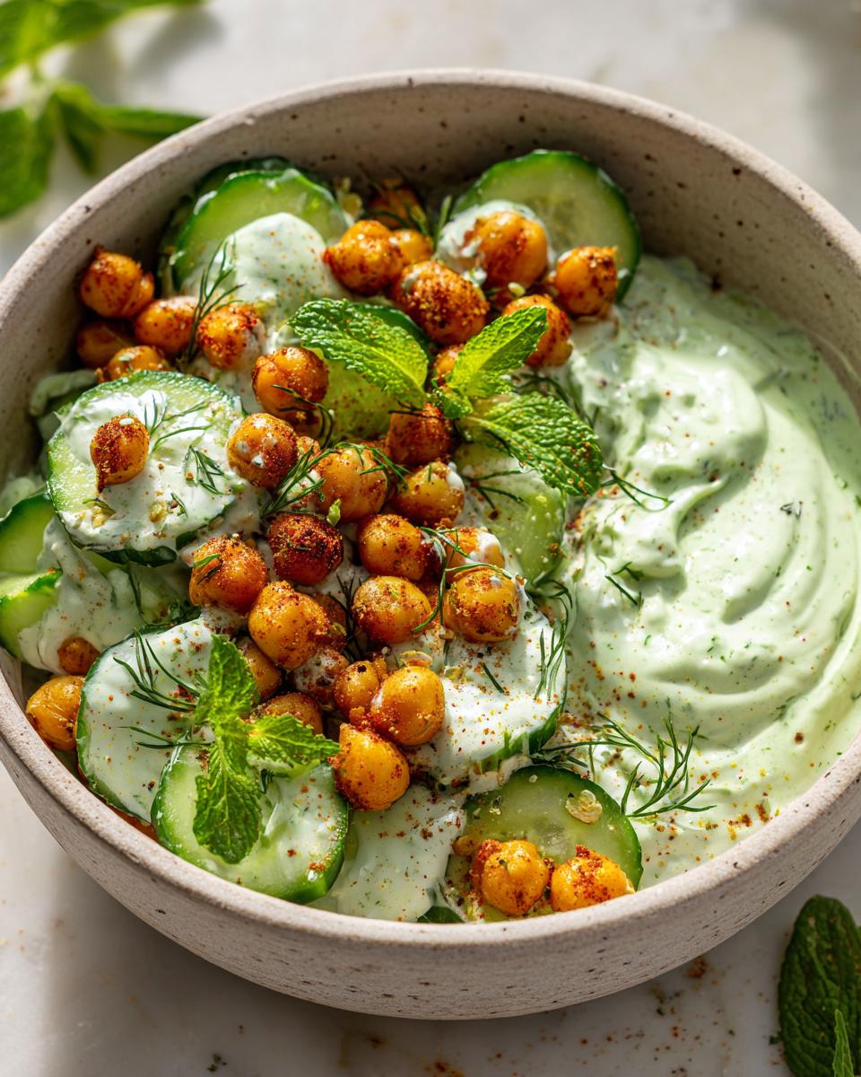 A bowl of cucumber salad with creamy dressing topped with crispy chickpeas and fresh mint.