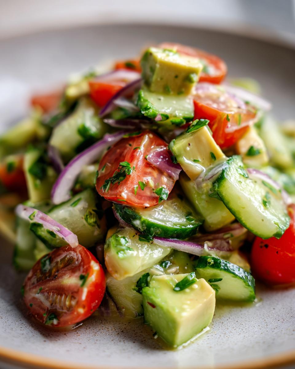 Close-up of a fresh cucumber tomato avocado salad with red onion and herbs, tossed in a light dressing.