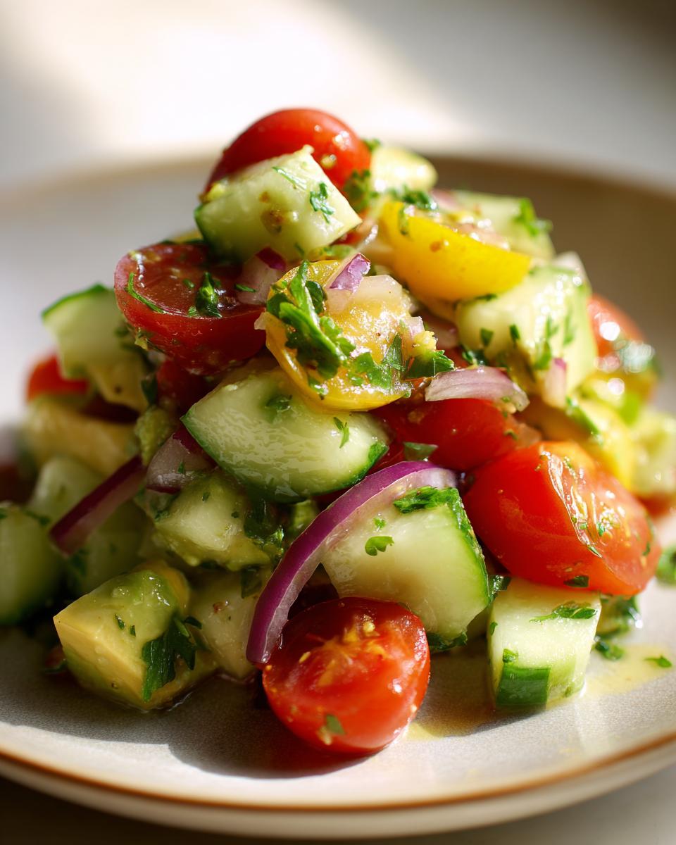 A close-up of a vibrant cucumber tomato avocado salad with red onion and fresh herbs.