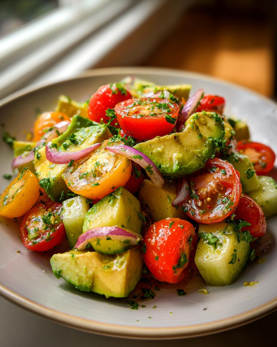 A close-up of a vibrant cucumber tomato avocado salad with red onion and fresh herbs.
