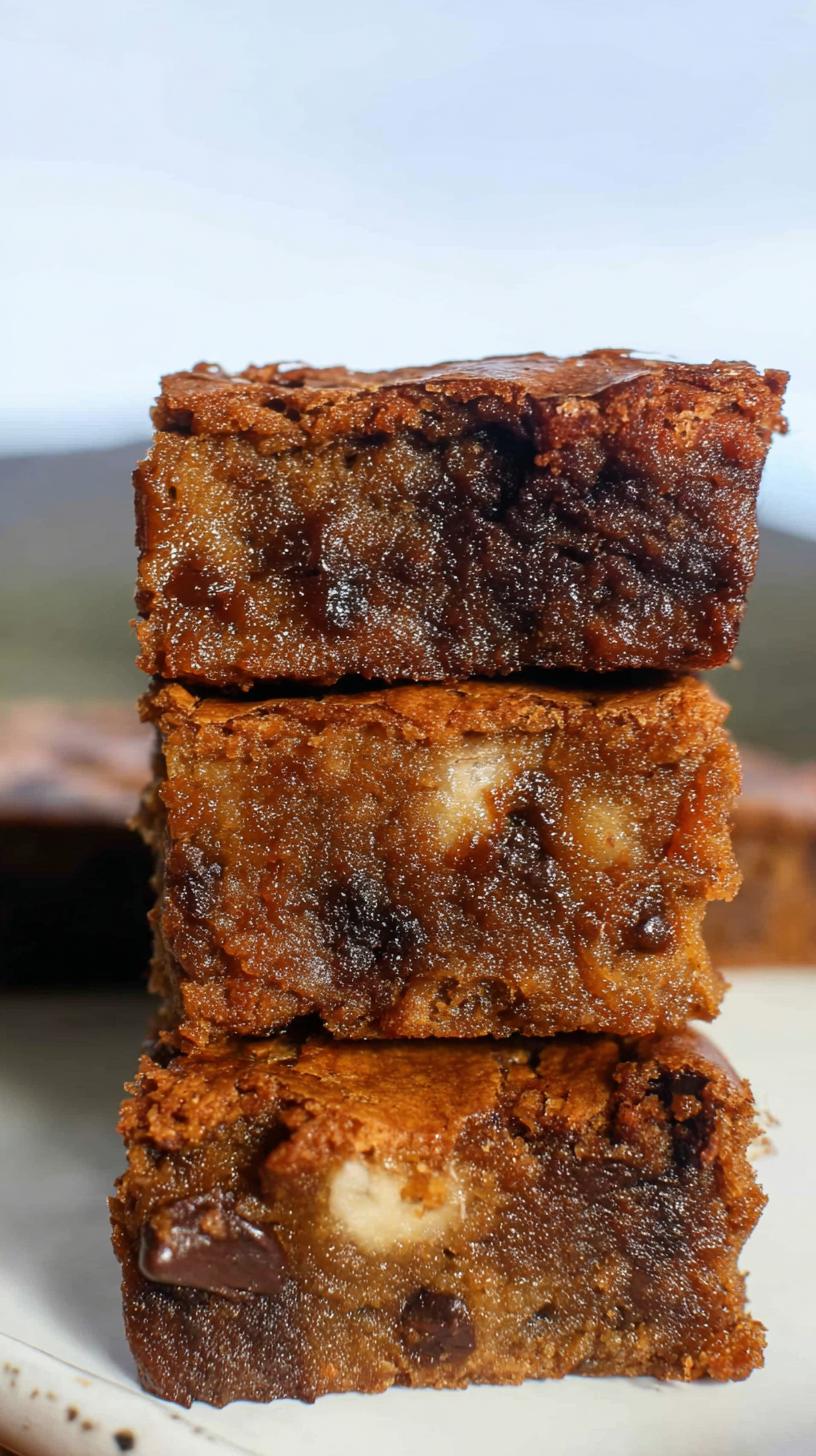 A stack of three moist Easy Banana Bread Brownies with visible chocolate chips and banana chunks.