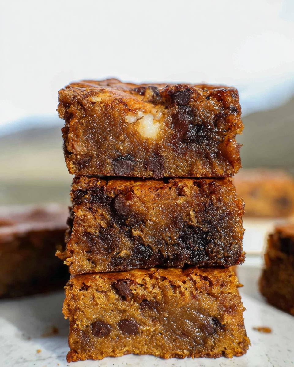 A stack of three moist Easy Banana Bread Brownies, loaded with chocolate chips.
