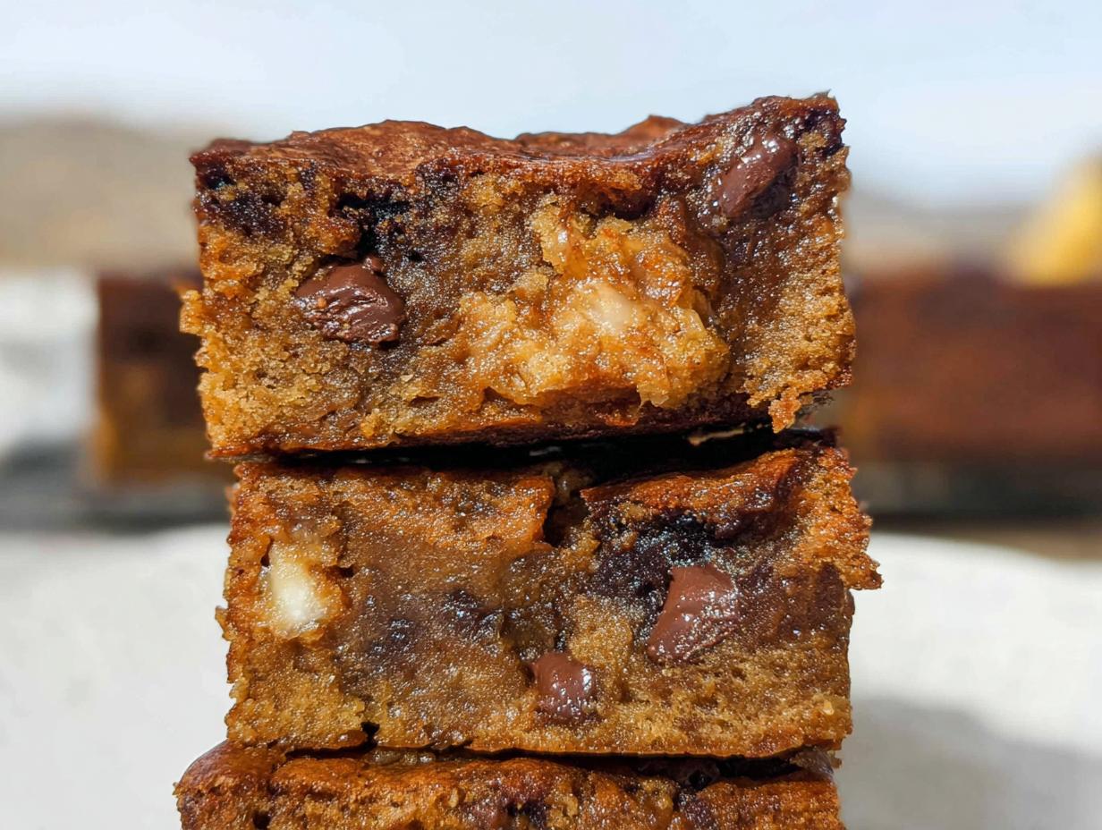 A stack of three moist Easy Banana Bread Brownies, showcasing chocolate chips and banana chunks.
