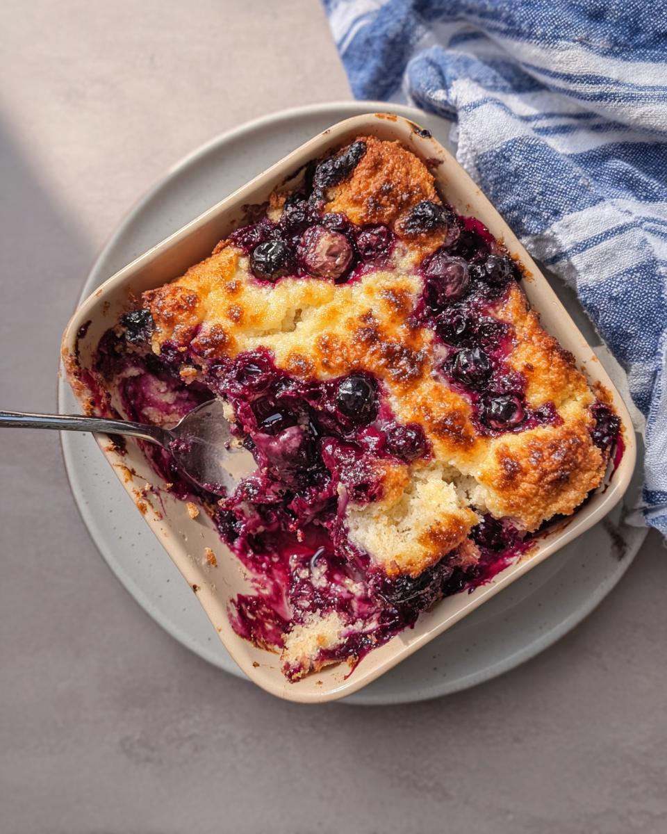 A spoonful of Easy Blueberry Cottage Cheese Breakfast Bake showing the fluffy cake and juicy blueberries.