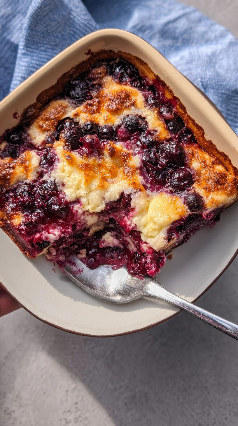 A serving spoon digs into a slice of Easy Blueberry Cottage Cheese Breakfast Bake, showing a golden-brown crust and juicy blueberries.