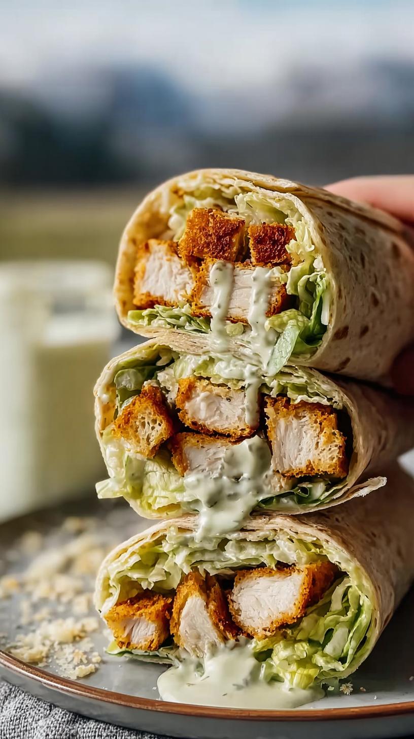 Close-up of an easy Chicken Caesar Wrap Recipe, stacked and drizzled with creamy Caesar dressing.