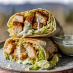 A close-up of an Easy Chicken Caesar Wrap Recipe, showing crispy chicken pieces and creamy dressing.