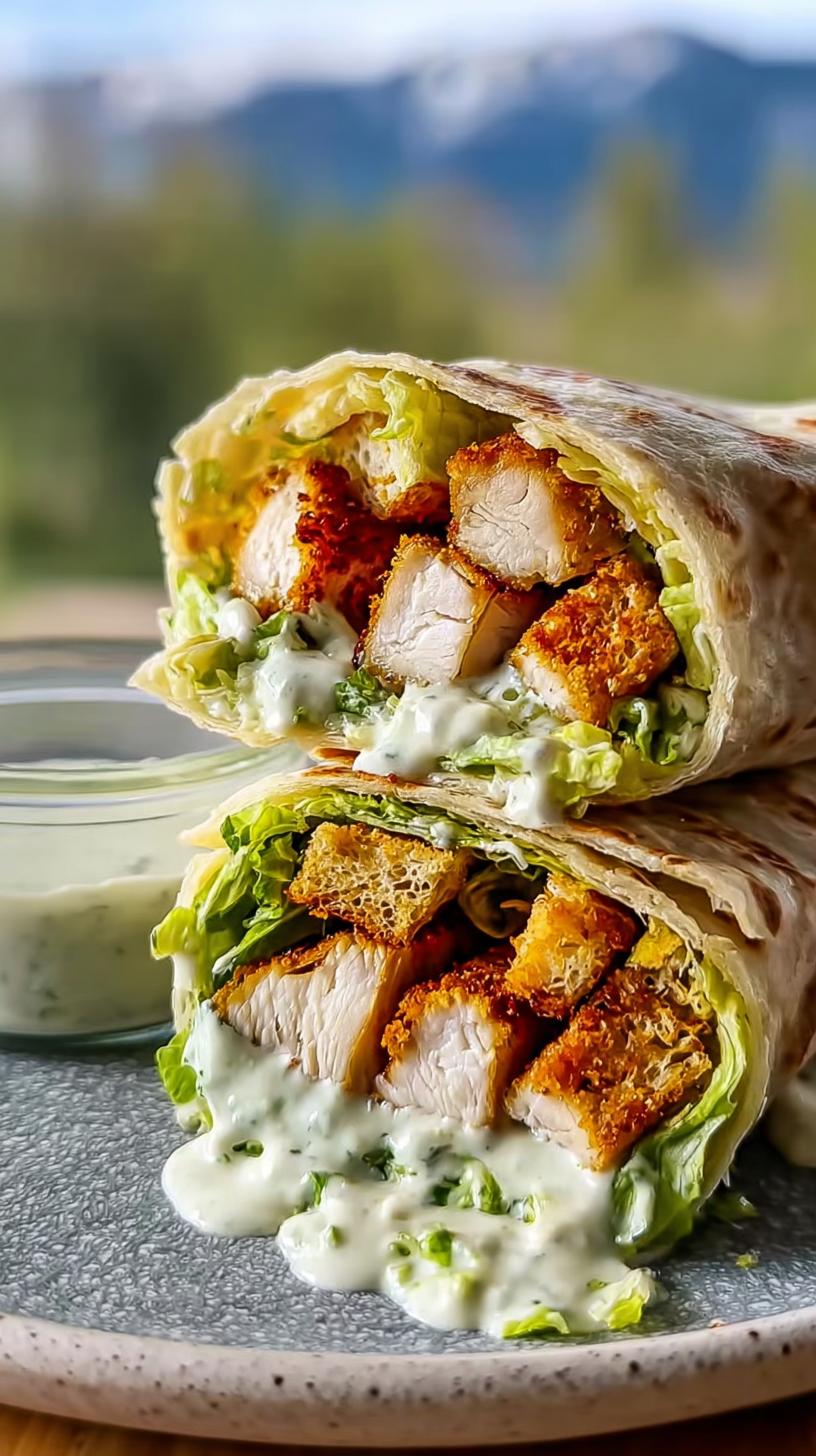 Close-up of a delicious Easy Chicken Caesar Wrap Recipe with crispy chicken, lettuce, and creamy dressing.