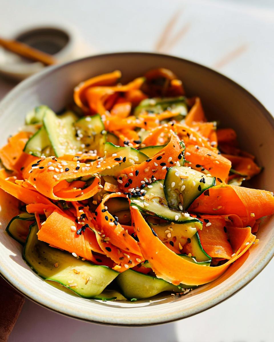A close-up of an Easy Cucumber Carrot Salad with Sesame Dressing, featuring ribbons of cucumber and carrot topped with sesame seeds.