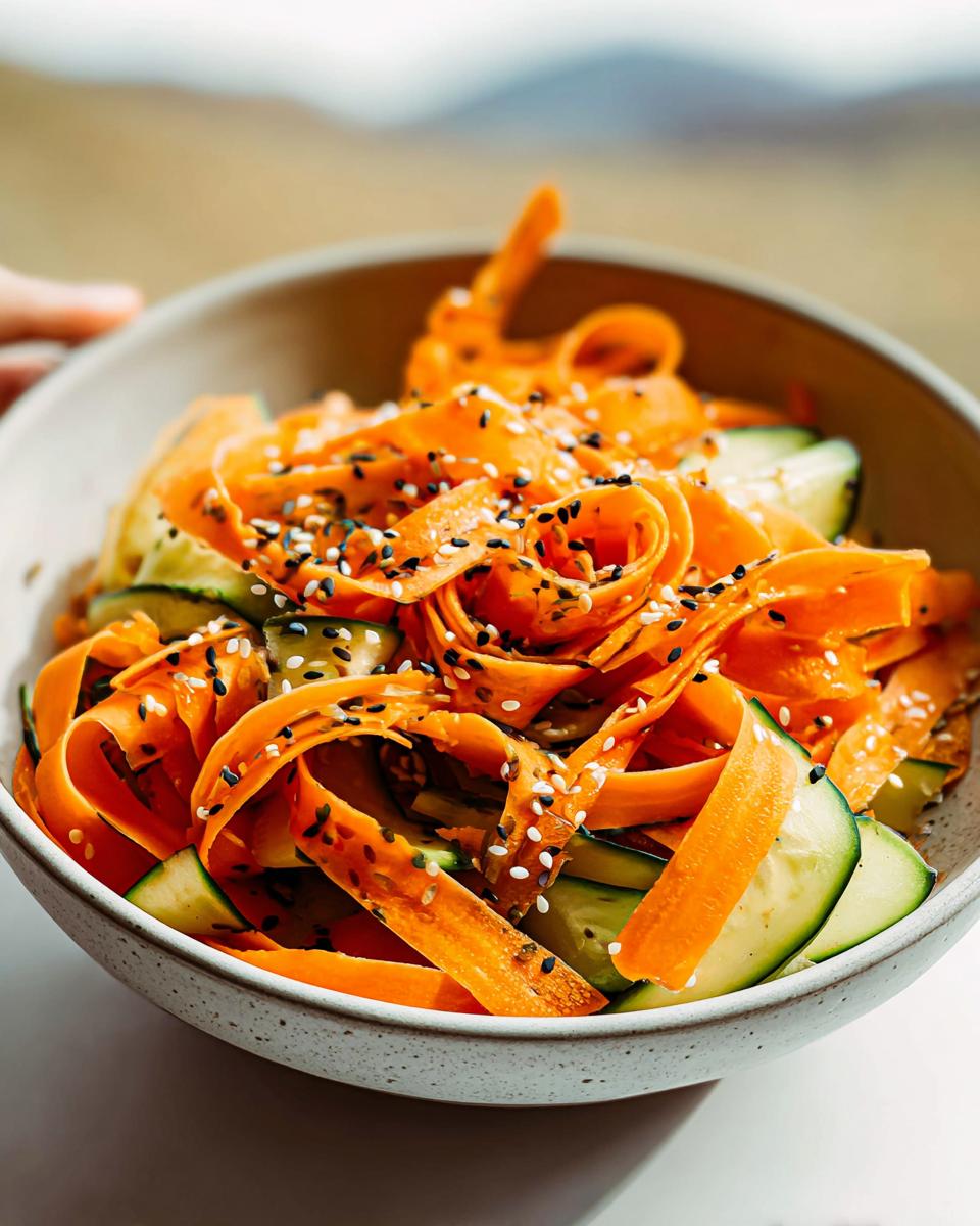 Close-up of Easy Cucumber Carrot Salad with Sesame Dressing, featuring ribbons of carrots and cucumber slices topped with sesame seeds.