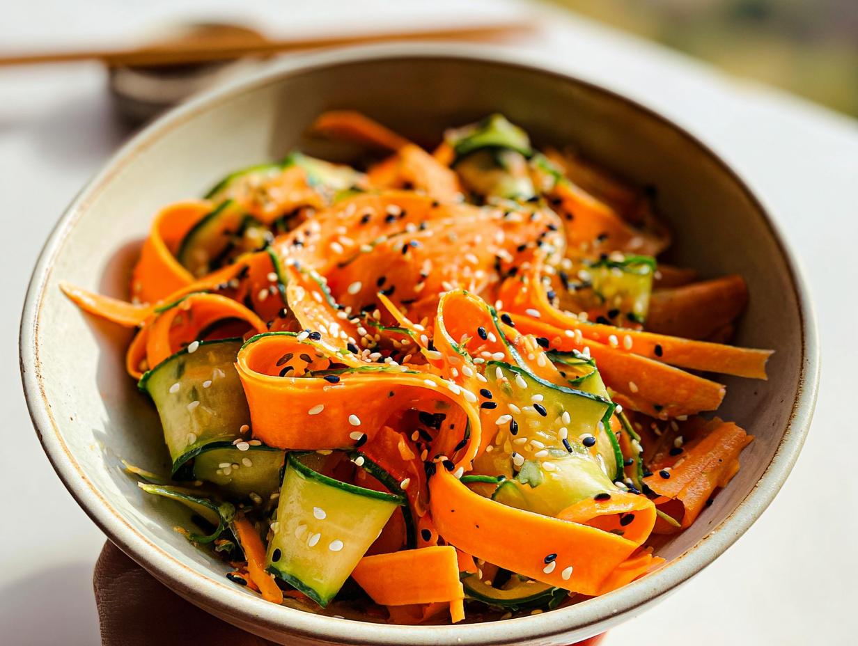 Close-up of a bowl filled with Easy Cucumber Carrot Salad with Sesame Dressing, topped with sesame seeds.