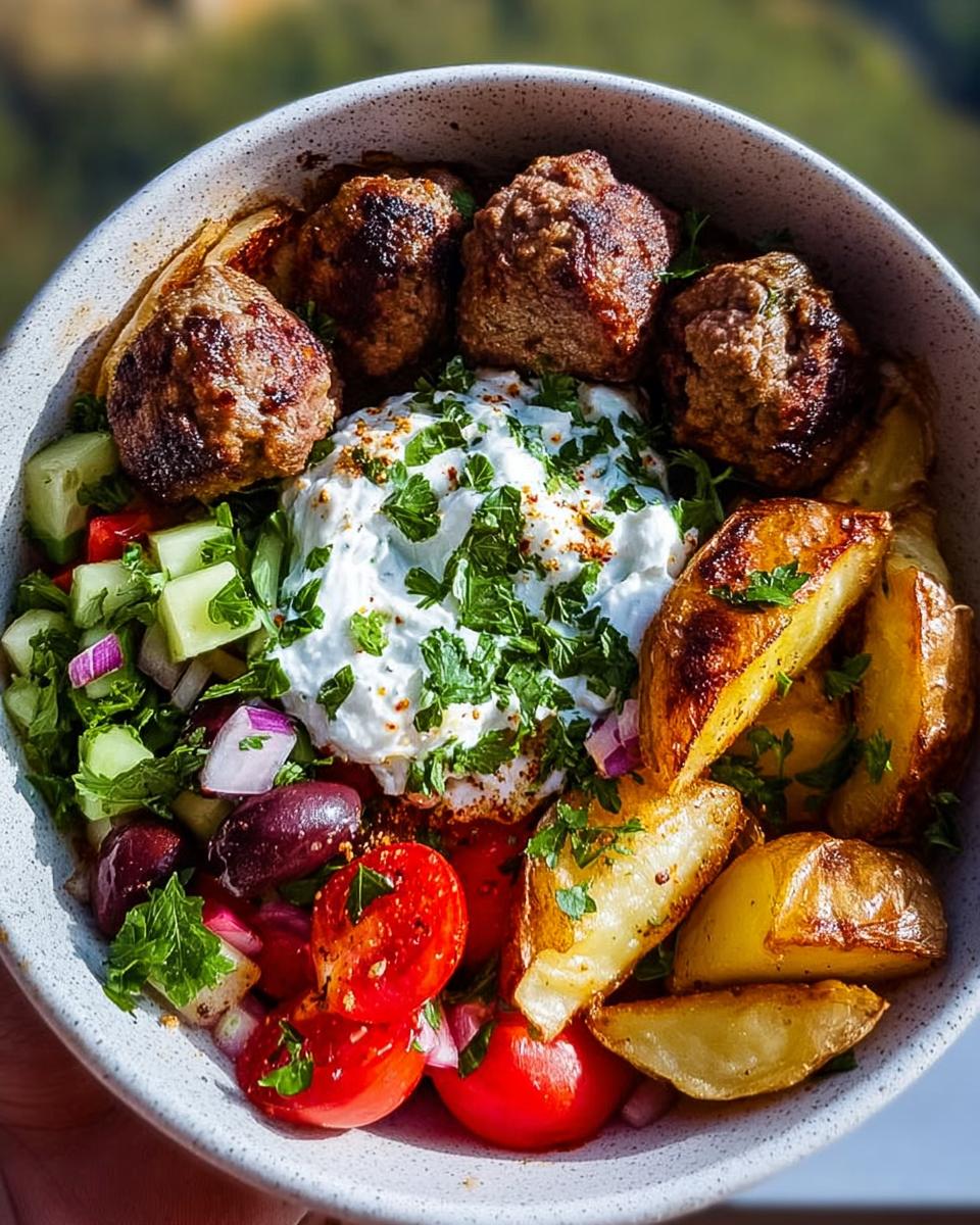 A vibrant Easy Greek Meatball Bowl with Tzatziki and Roasted Potatoes, featuring juicy meatballs, creamy tzatziki, and golden roasted potatoes.