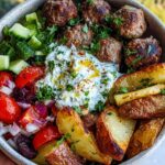 A vibrant and delicious Easy Greek Meatball Bowl featuring meatballs, tzatziki, roasted potatoes, and fresh salad.