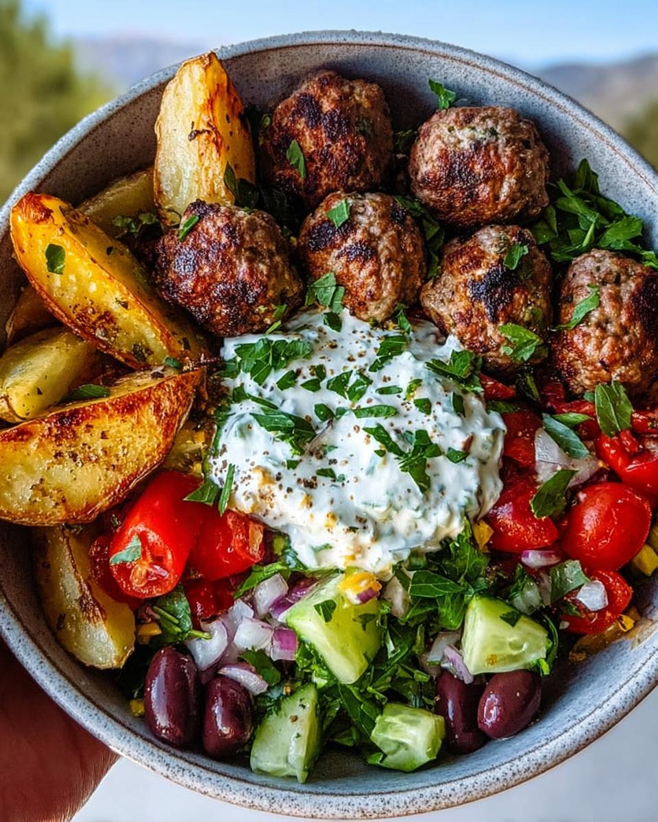 A vibrant Easy Greek Meatball Bowl with Tzatziki and Roasted Potatoes, featuring juicy meatballs, crispy potatoes, fresh vegetables, and creamy tzatziki.
