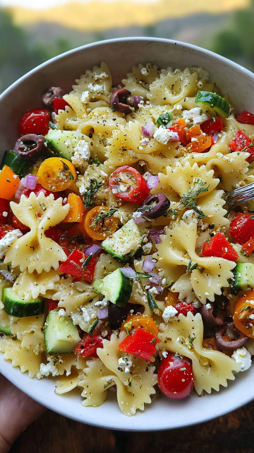 A close-up of Easy Greek Pasta Salad with Feta and Lemon Dressing, featuring bow-tie pasta, cherry tomatoes, cucumber, olives, and feta cheese.
