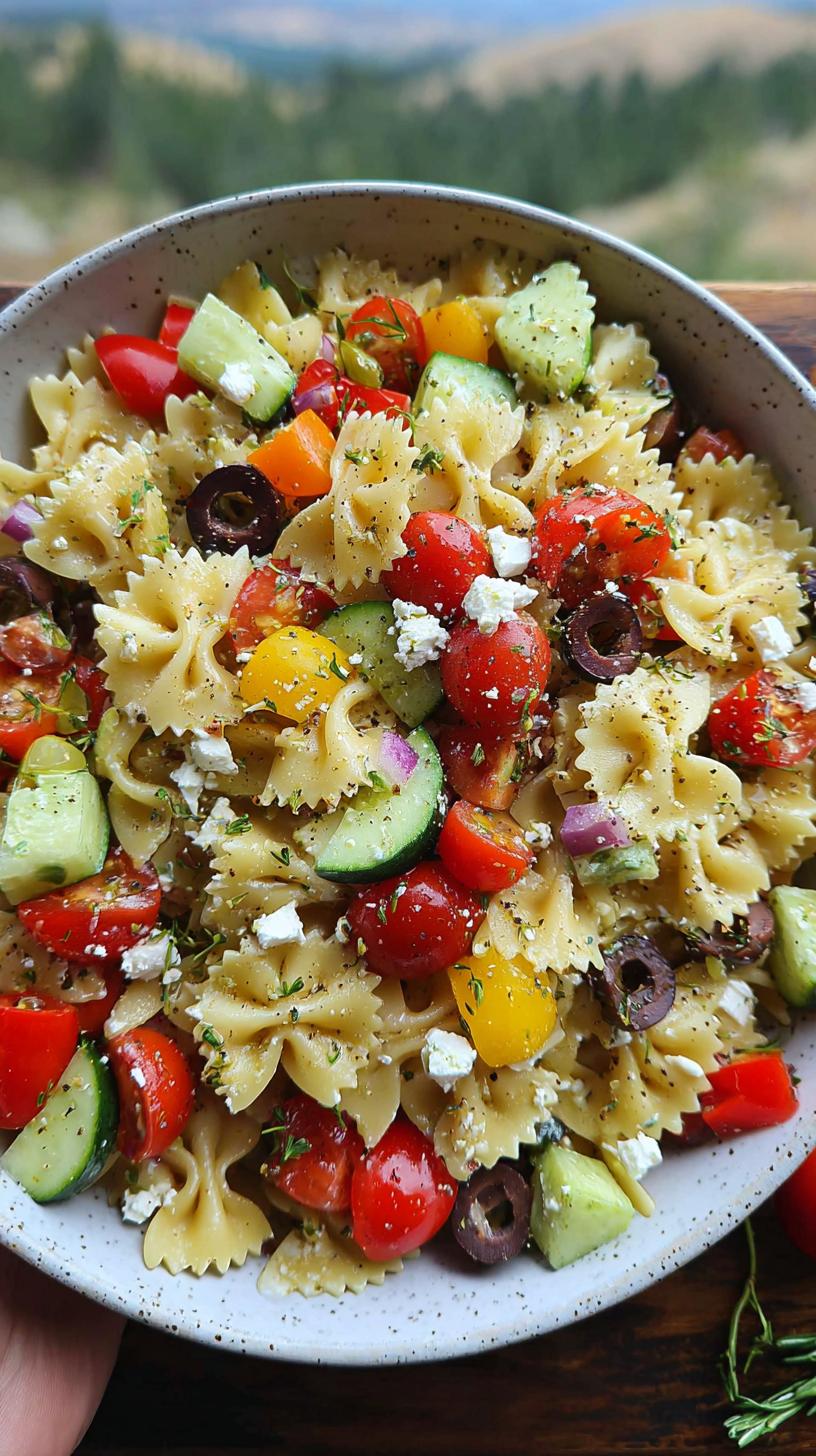 A close-up of a bowl filled with Easy Greek Pasta Salad featuring farfalle pasta, cherry tomatoes, cucumber, feta cheese, and olives.