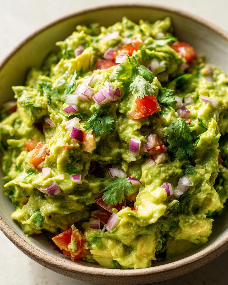 A close-up of a bowl filled with chunky, fresh easy guacamole, topped with diced red onion, tomato, and cilantro.