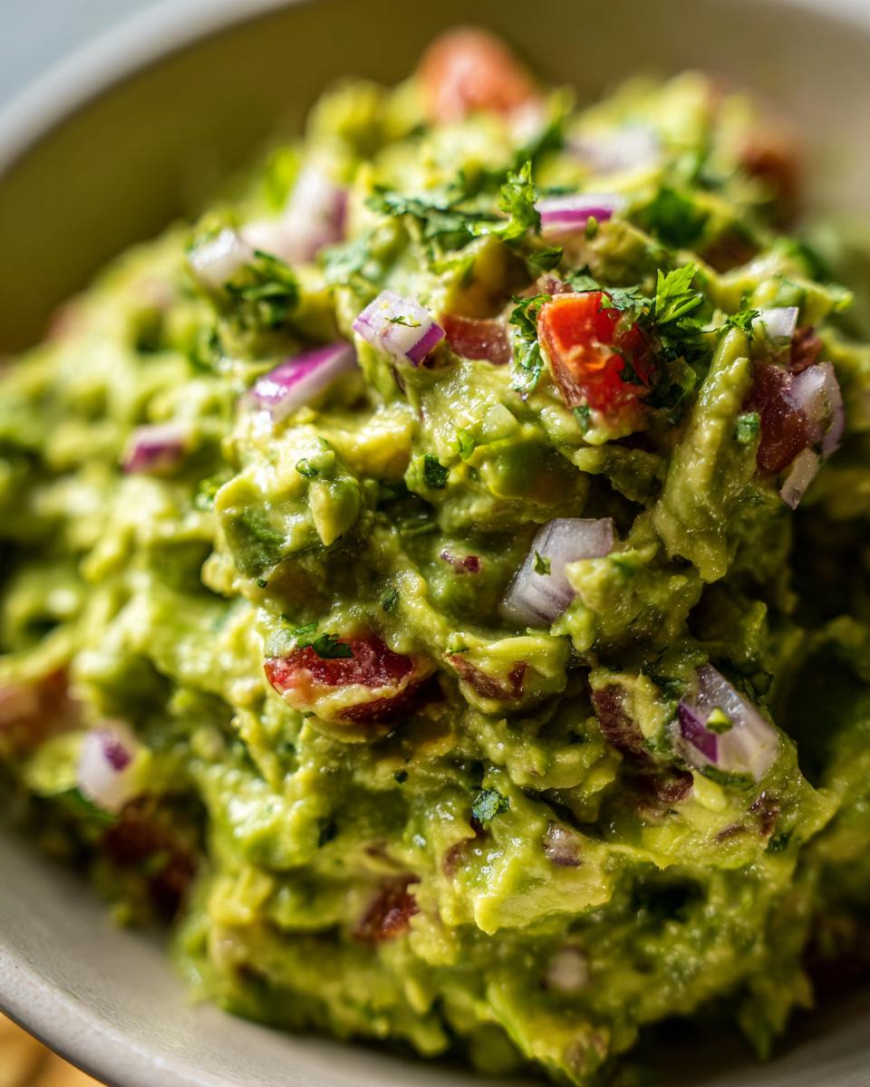 A close-up, textured view of fresh, easy guacamole, featuring chunks of avocado, diced red onion, tomato, and cilantro.