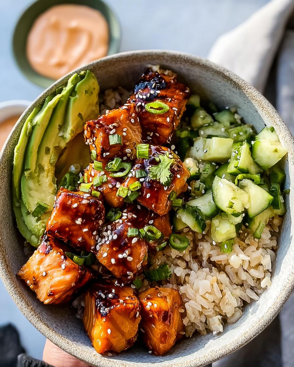 A close-up of an Easy Honey Glazed Salmon Bowl with Rice and Avocado, featuring glazed salmon chunks, sliced avocado, and diced cucumber.