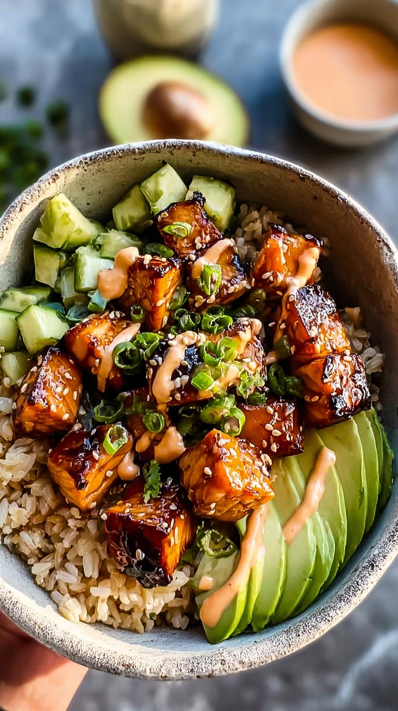 A close-up of an Easy Honey Glazed Salmon Bowl with Rice and Avocado, featuring glazed salmon cubes, brown rice, sliced avocado, and diced cucumber.