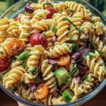 A close-up of a bowl of Easy Italian Pasta Salad with Fresh Vegetables, featuring rotini pasta, cherry tomatoes, olives, and cucumber.