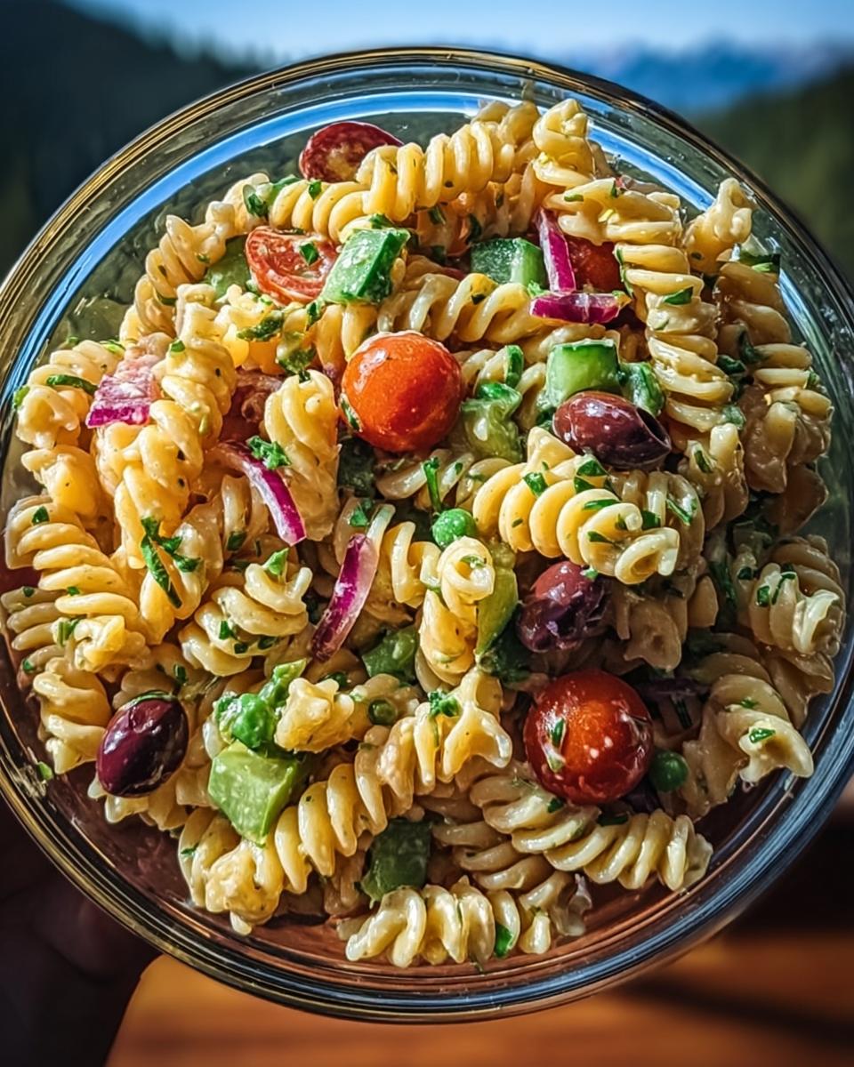 Stunning 25-Min Easy Italian Pasta Salad 4 A close-up overhead view of an Easy Italian Pasta Salad with Fresh Vegetables in a glass bowl, featuring fusilli pasta, cherry tomatoes, olives, red onion, and cucumber.