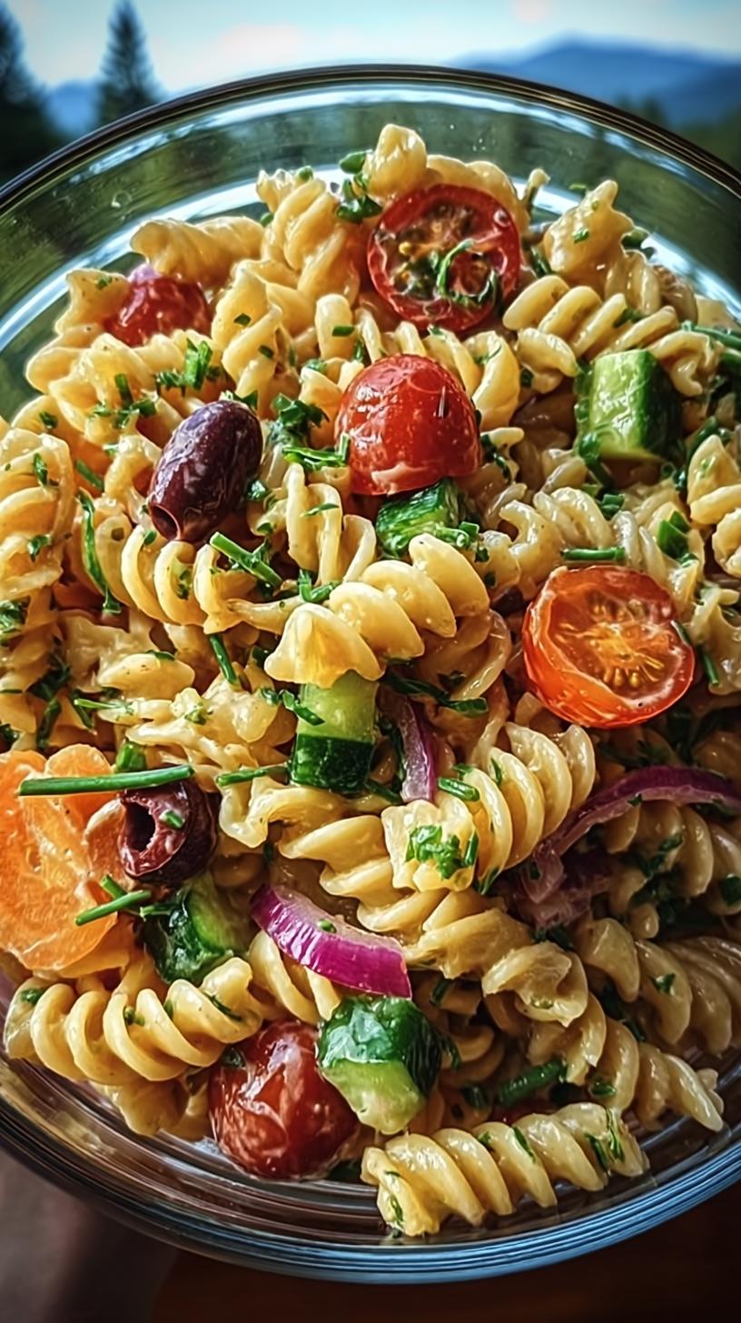 Stunning 25-Min Easy Italian Pasta Salad 5 Close-up of a bowl of Easy Italian Pasta Salad with Fresh Vegetables, featuring fusilli pasta, cherry tomatoes, olives, and cucumber.