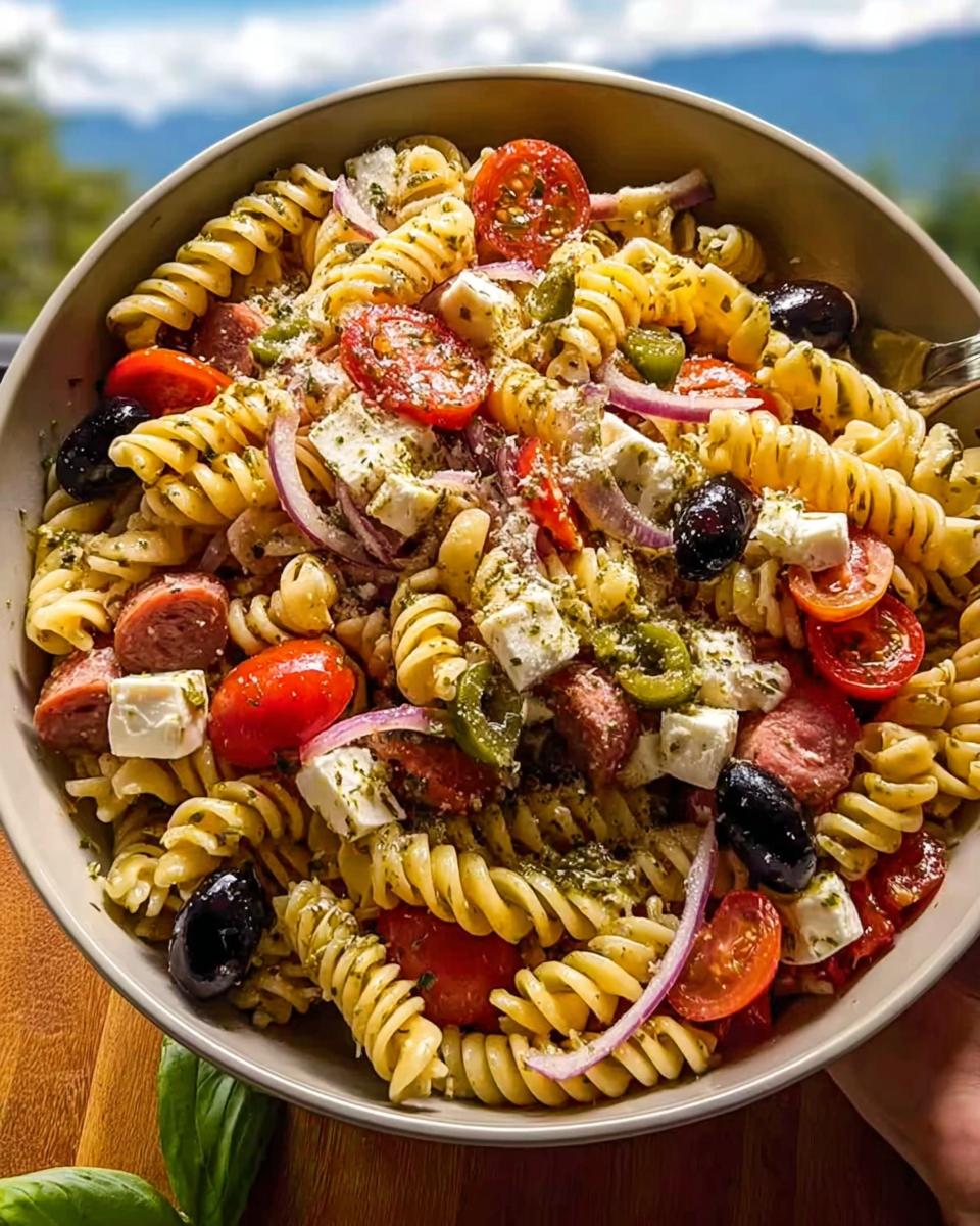 A bowl of Easy Italian Pasta Salad with Fresh Veggies and Chicken, featuring rotini pasta, cherry tomatoes, olives, feta, and red onion.