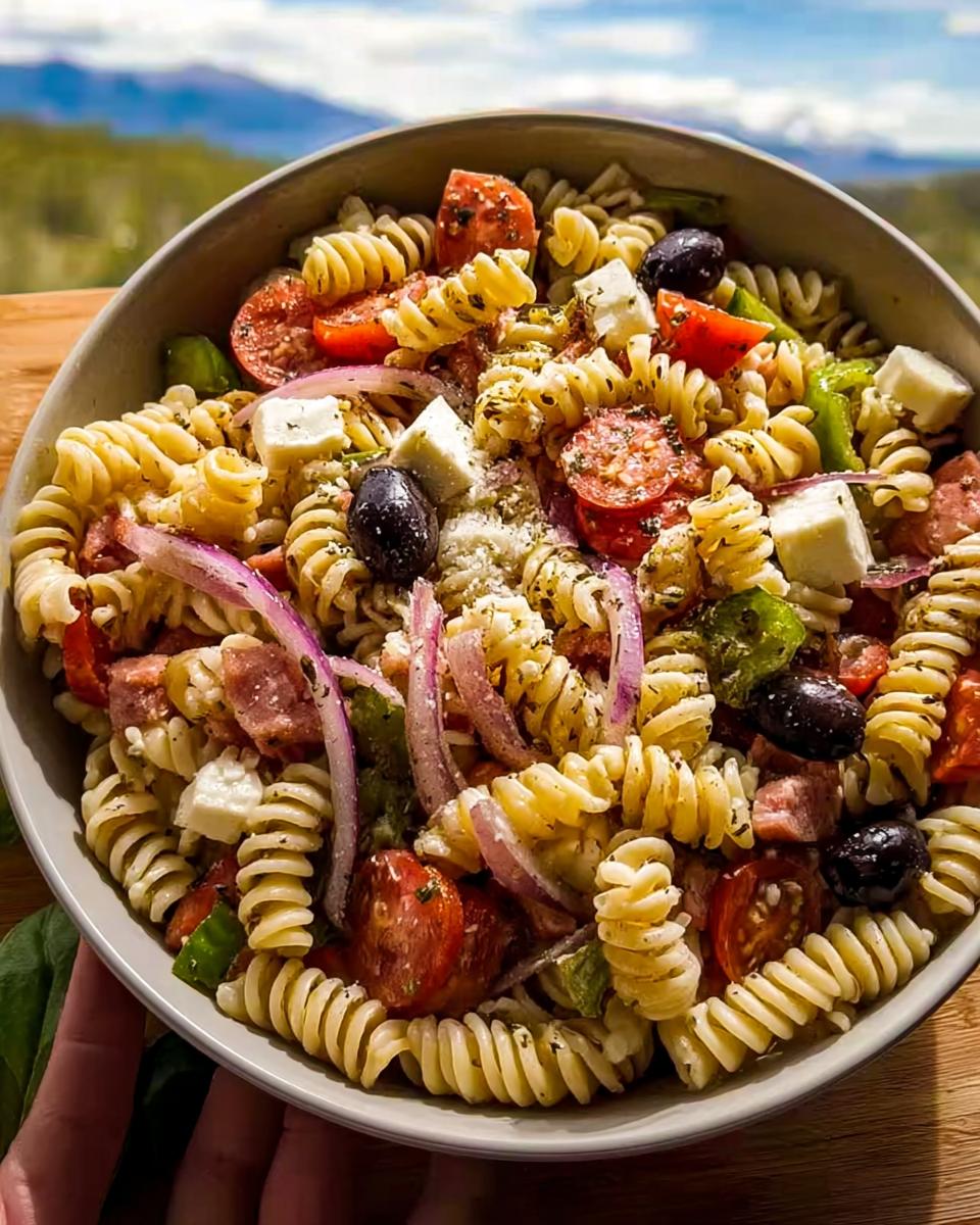 A close-up of a bowl of Easy Italian Pasta Salad with Fresh Veggies, featuring rotini pasta, tomatoes, olives, cheese, and red onion.