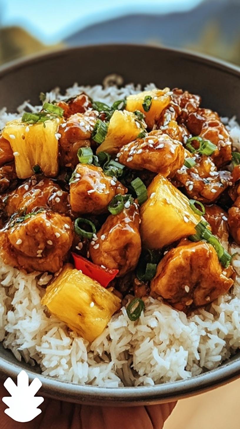 Close-up of a bowl of Easy Pineapple Chicken and Rice One Pan Dinner, featuring glazed chicken pieces, pineapple chunks, and white rice, garnished with sesame seeds and green onions.