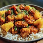 Close-up of a bowl filled with fluffy white rice topped with glazed chicken pieces and pineapple chunks, garnished with sesame seeds and green onions.