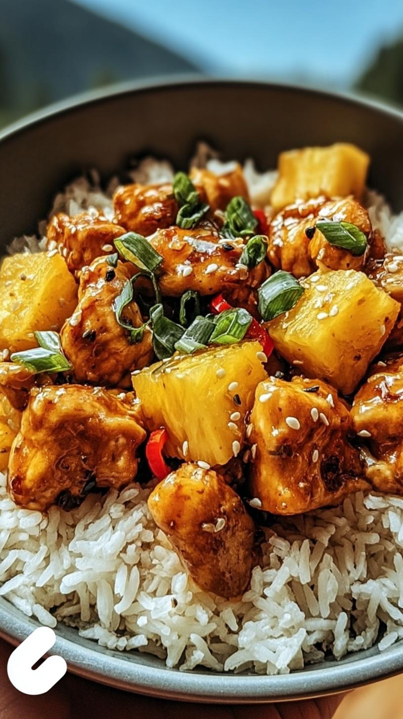 Close-up of an Easy Pineapple Chicken and Rice One Pan Dinner in a bowl, featuring glazed chicken, pineapple chunks, and white rice, garnished with sesame seeds and green onions.