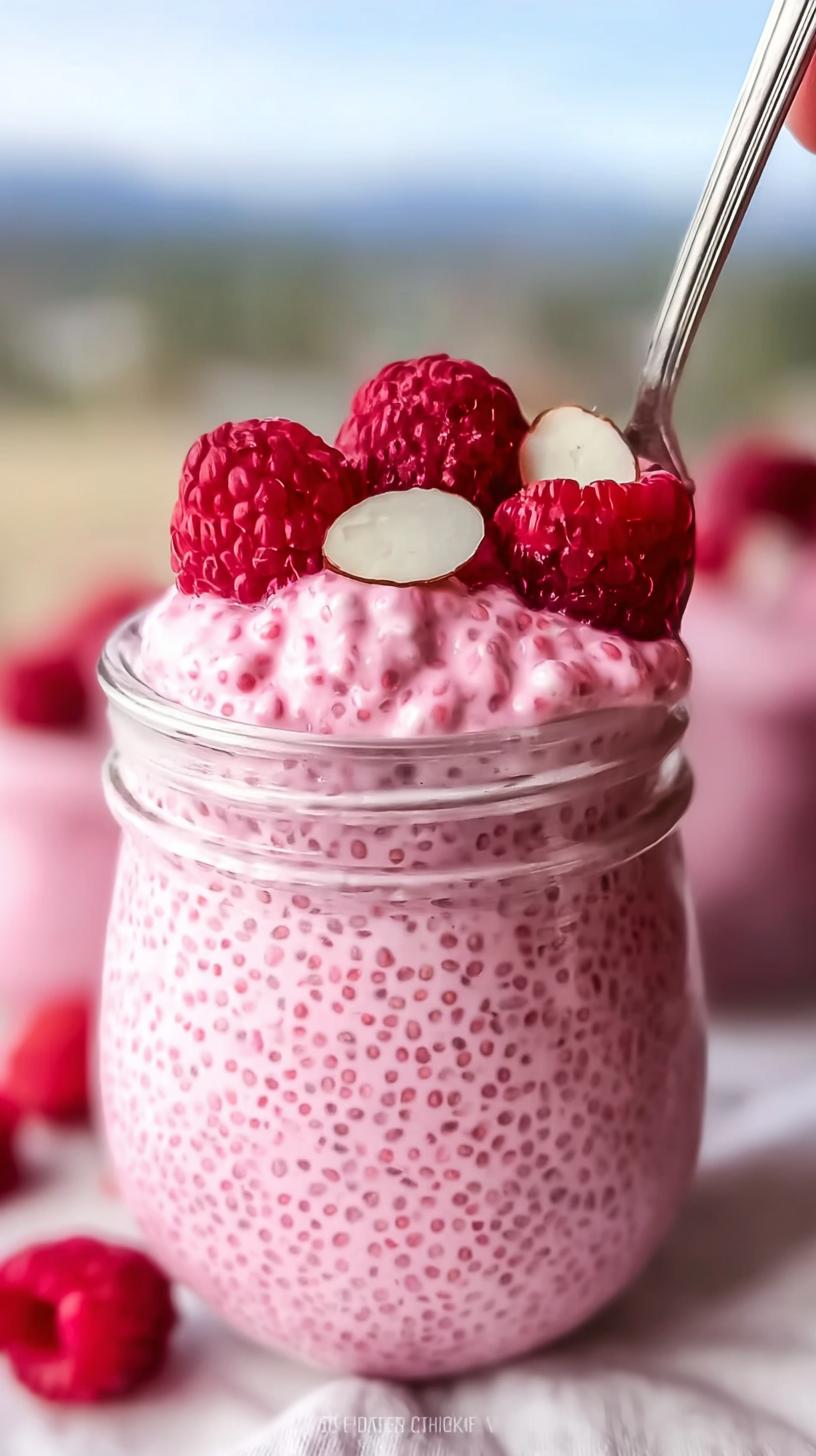 Easy Raspberry Chia Pudding with Maple Syrup: 1 Fix 4 Close-up of Easy Raspberry Chia Pudding with Maple Syrup topped with fresh raspberries and almond slices in a jar.