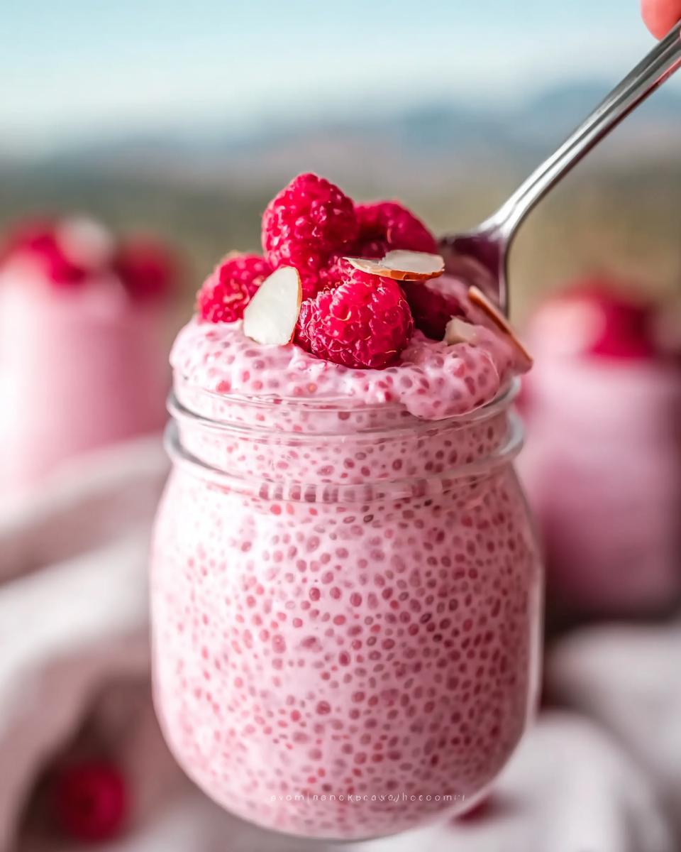 Easy Raspberry Chia Pudding with Maple Syrup: 1 Fix 5 Close-up of a jar filled with Easy Raspberry Chia Pudding with Maple Syrup, topped with fresh raspberries and almond slivers.