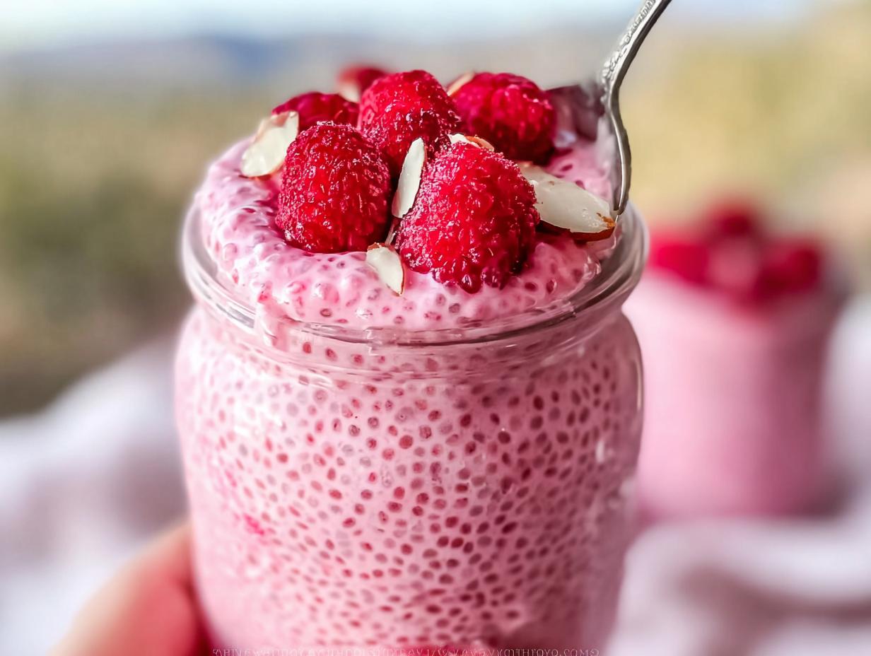 Close-up of Easy Raspberry Chia Pudding with Maple Syrup in a jar, topped with fresh raspberries and almonds.