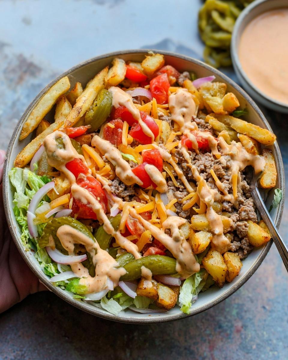 A delicious Easy Smash Burger Bowl Recipe with ground beef, lettuce, tomatoes, cheese, pickles, onions, and fries, drizzled with sauce.