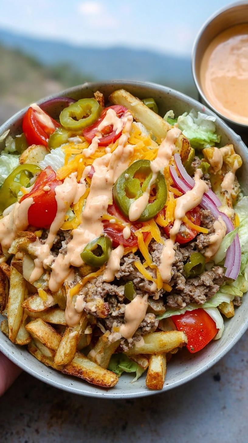 A delicious Easy Smash Burger Bowl Recipe featuring seasoned ground beef, french fries, shredded cheese, tomatoes, jalapeños, and a creamy sauce.