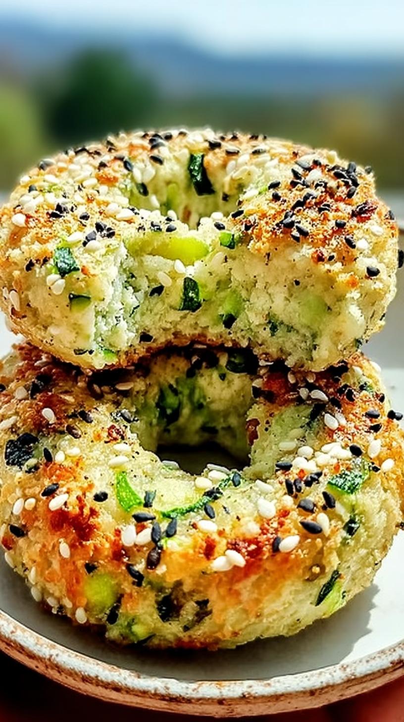 5 Easy Zucchini Bagels with Almond Flour 4 Close-up of two Easy Zucchini Bagels with Almond Flour stacked, one with a bite taken out, topped with sesame seeds.