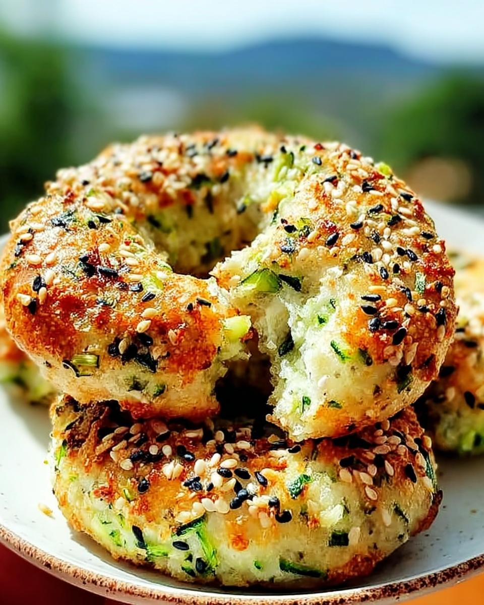 5 Easy Zucchini Bagels with Almond Flour 5 Close-up of two Easy Zucchini Bagels made with almond flour, topped with sesame seeds.