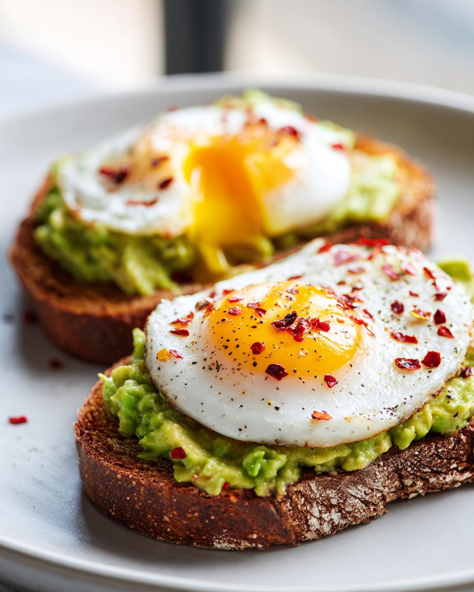 Two slices of perfect egg avocado toast topped with a fried egg and chili flakes on a plate.
