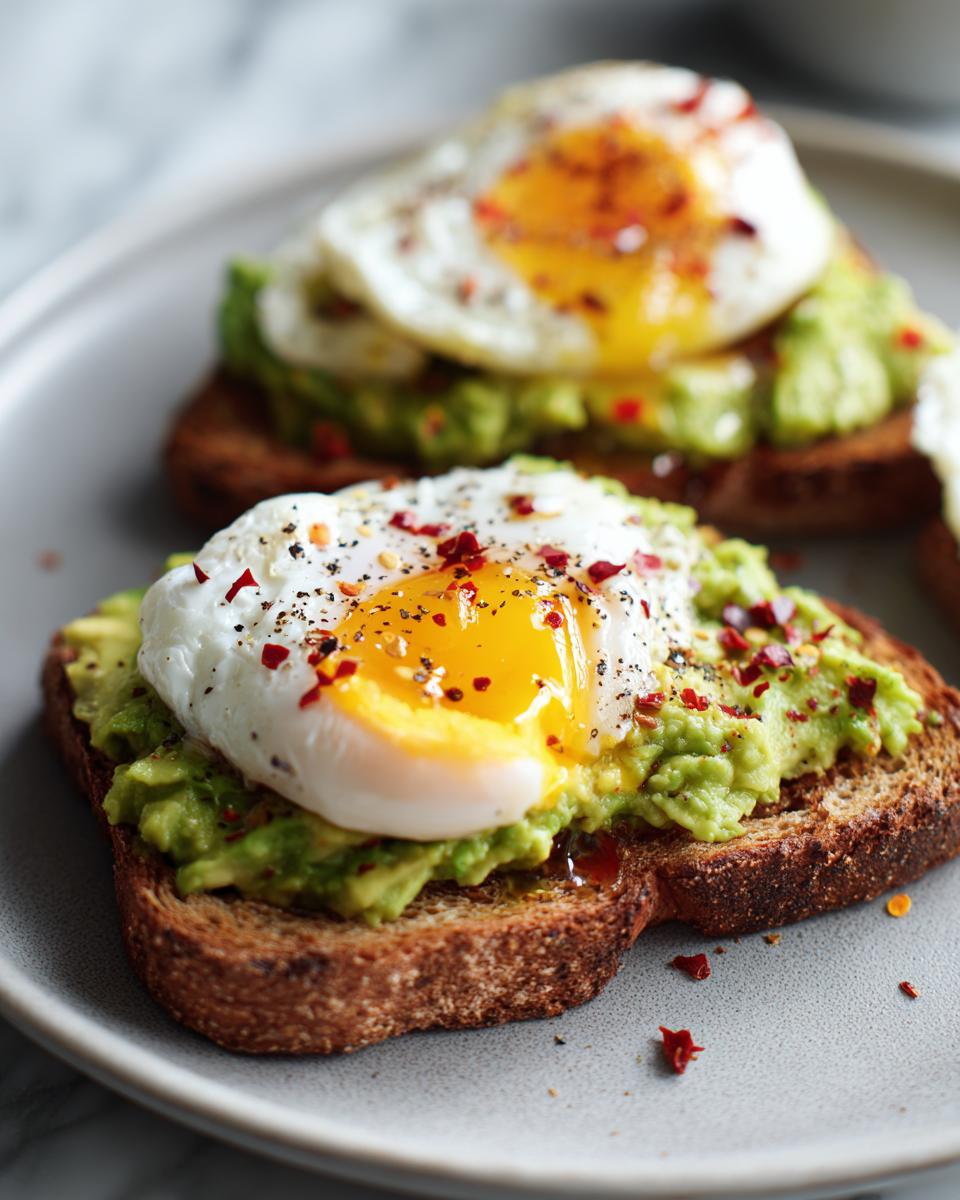 Close-up of two slices of egg avocado toast topped with perfectly poached eggs and red pepper flakes.